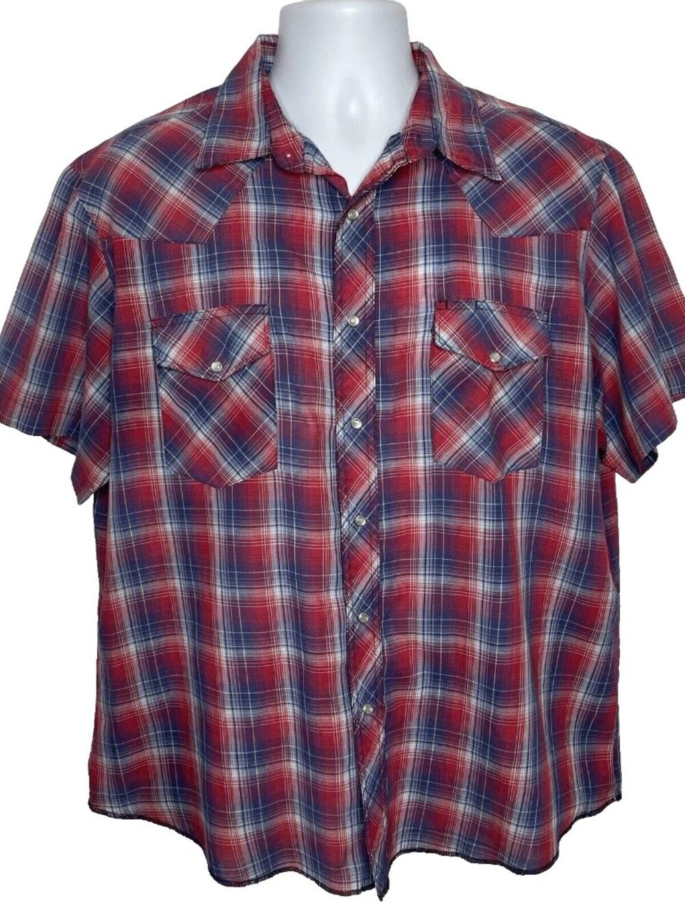 Vintage 80s Rustler Pearl Snap Western Shirt Size XXL Red Blue Plaid Long Tails